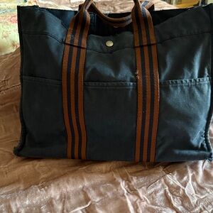 Hermes Black Canvas Duffel with Brown Striped Webbing